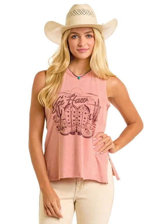 PANHANDLE SLIM Shirts Rock & Roll Denim Women's Pink Yee Haw Graphic Tank BW20T06448