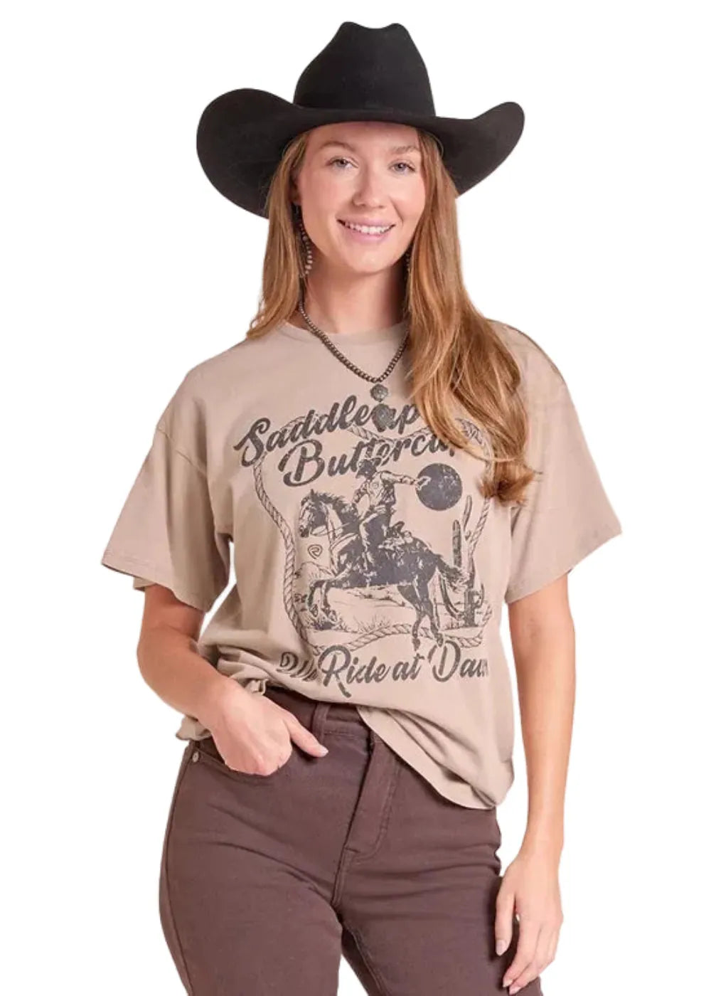 PANHANDLE SLIM Shirts Rock & Roll Denim Women's Taupe Saddle Up Oversized Graphic T-Shirt BW21T09731
