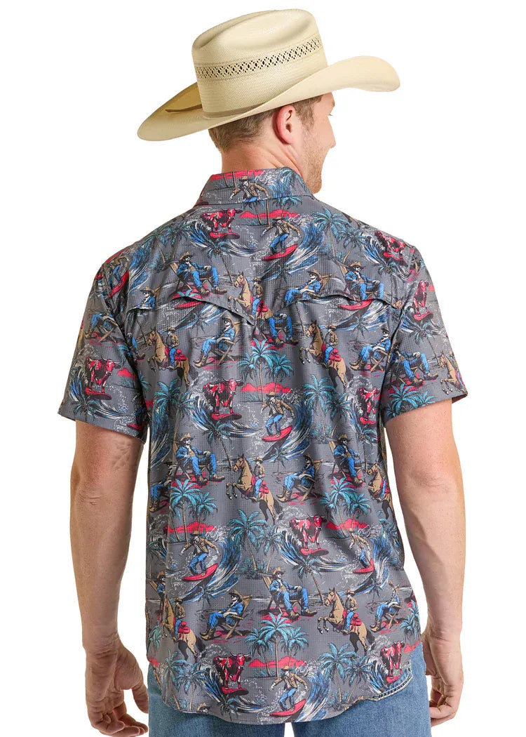 PANHANDLE SLIM Shirts Rock & Roll Men's Charcoal Tek Western Surfing Cowboy Short Sleeve Shirt BMN3S08692