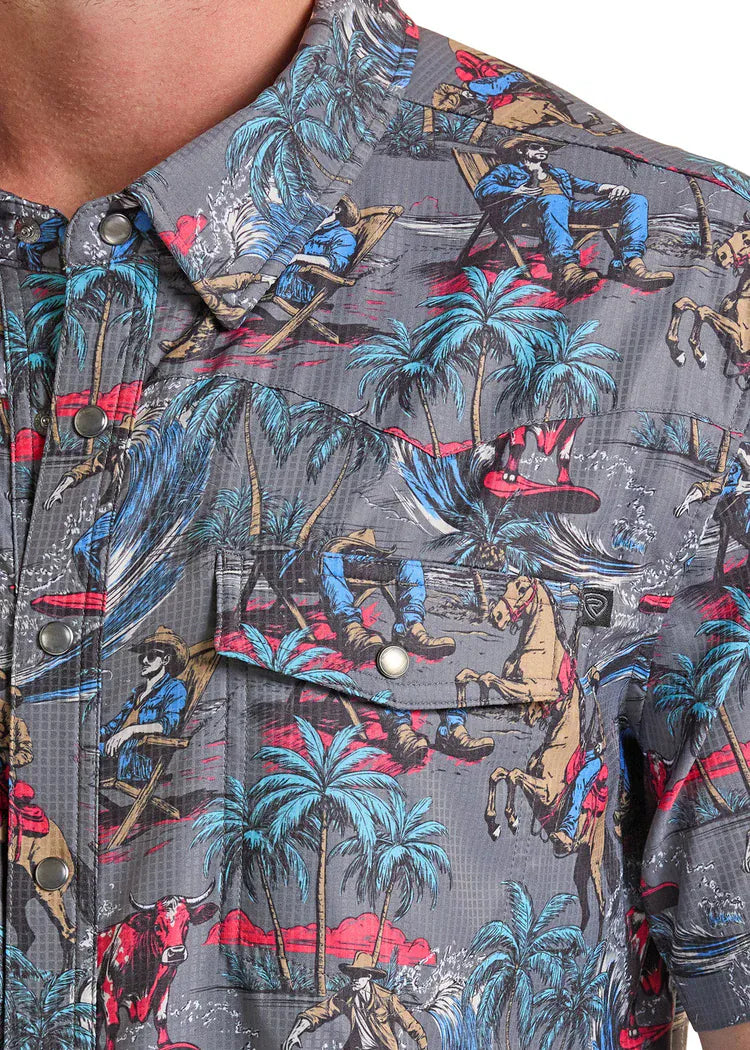 PANHANDLE SLIM Shirts Rock & Roll Men's Charcoal Tek Western Surfing Cowboy Short Sleeve Shirt BMN3S08692