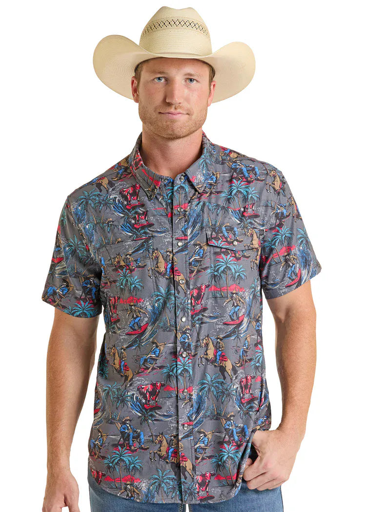 PANHANDLE SLIM Shirts Rock & Roll Men's Charcoal Tek Western Surfing Cowboy Short Sleeve Shirt BMN3S08692
