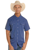 PANHANDLE SLIM Shirts Rock & Roll Men's TEK Western Blue Geo Print Short Sleeve Shirt BMN3S08708