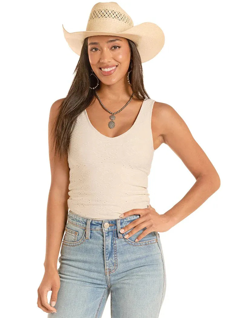 PANHANDLE SLIM Shirts Rock & Roll Natural White Eyelet Knit Tank Top BW20T08807