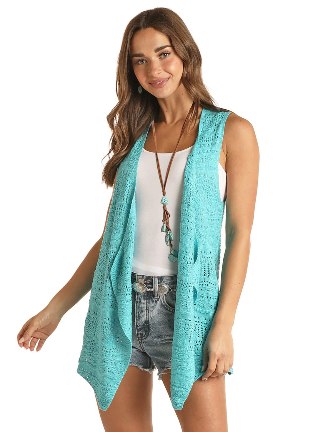 PANHANDLE SLIM Shirts Rock & Roll Women's Flyaway Teal Sleeveless Crochet Vest RRWT38RZOK