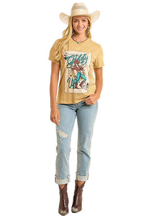 PANHANDLE SLIM Shirts Rock & Roll Women's Khaki Giddy Up Graphic Tee Shirt BW21T06451