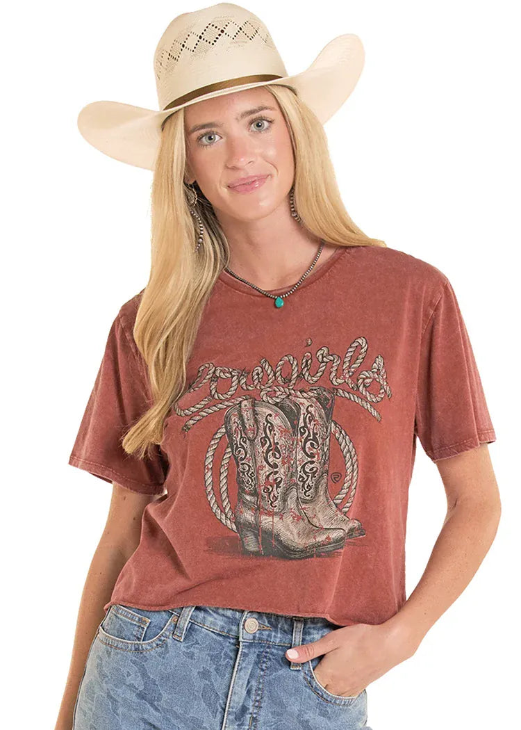 PANHANDLE SLIM Shirts Rock & Roll Women's Rust Roping Cowgirls Graphic T-Shirt BW21T08886