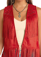 PANHANDLE SLIM Vest Rock & Roll Women's Red Studs And Stars Fringe Vest BW98C08787