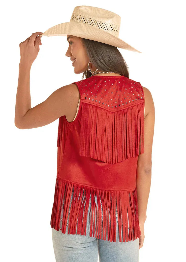PANHANDLE SLIM Vest Rock & Roll Women's Red Studs And Stars Fringe Vest BW98C08787