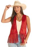 PANHANDLE SLIM Vest Rock & Roll Women's Red Studs And Stars Fringe Vest BW98C08787