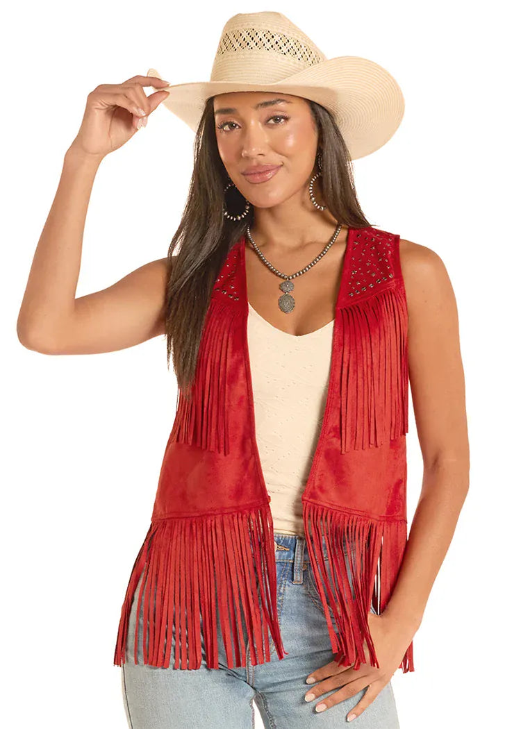 PANHANDLE SLIM Vest Rock & Roll Women's Red Studs And Stars Fringe Vest BW98C08787