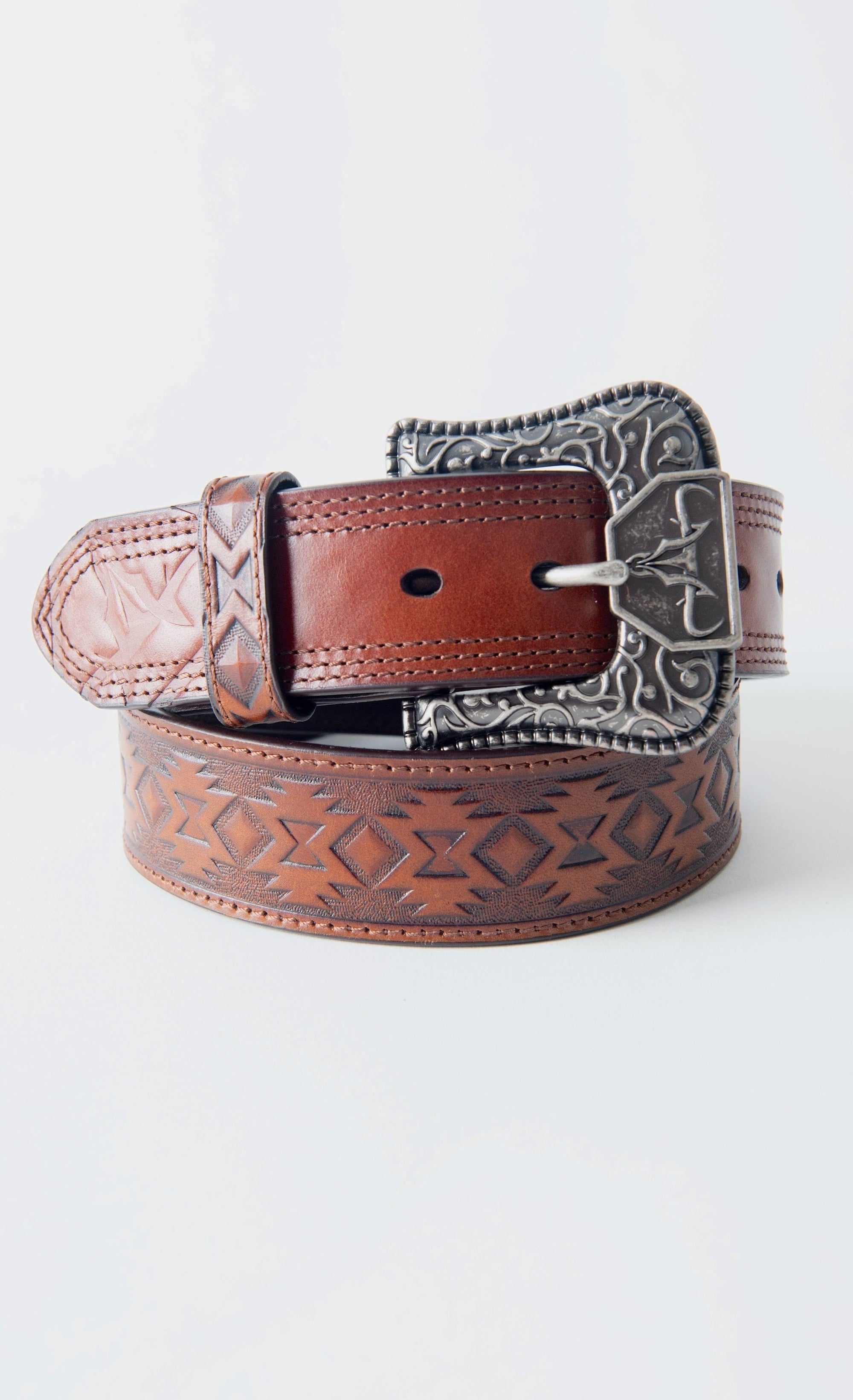 Platini Fashion Belts Mens Genuine Leather Aztec 3D Embossed Belt - Brown