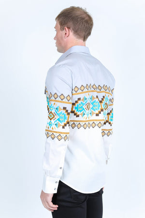 Platini Fashion Mens Men's Modern Fit Panoramic Aztec Print Long Sleeve Shirt - White
