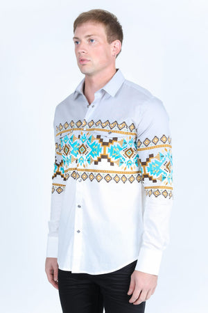 Platini Fashion Mens Men's Modern Fit Panoramic Aztec Print Long Sleeve Shirt - White