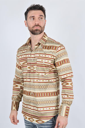Platini Fashion Mens Mens Cotton Modern Fit Stretch Aztec Print Long Sleeve Western Shirt