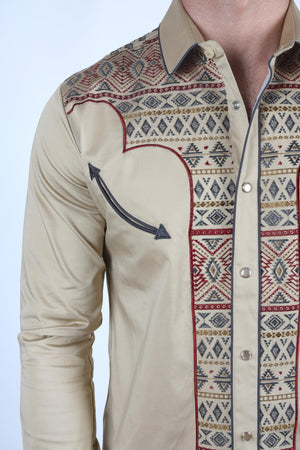 Platini Fashion Mens Mens Modern Fit Stretch Multi-Color Aztec Embroidery Shirt