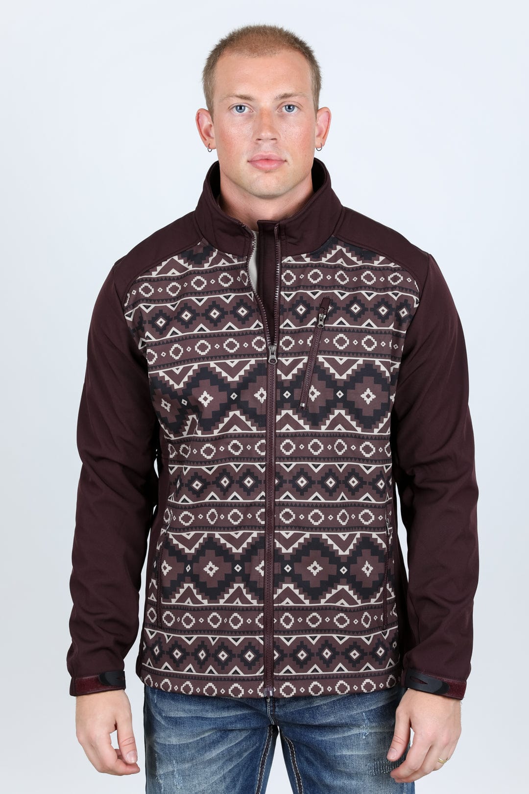 Platini Fashion Outerwear Mens Aztec Softshell Water-Resistant Jacket - Brown