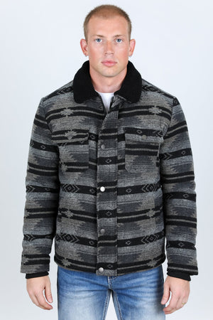 Platini Fashion Outerwear Mens Ethnic Aztec Quilted Fur Lined Jacket - Black