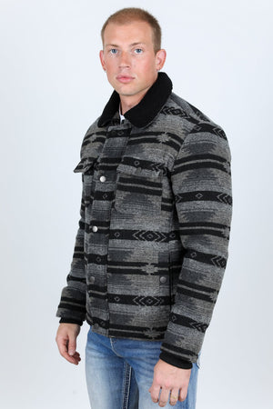 Platini Fashion Outerwear Mens Ethnic Aztec Quilted Fur Lined Jacket - Black