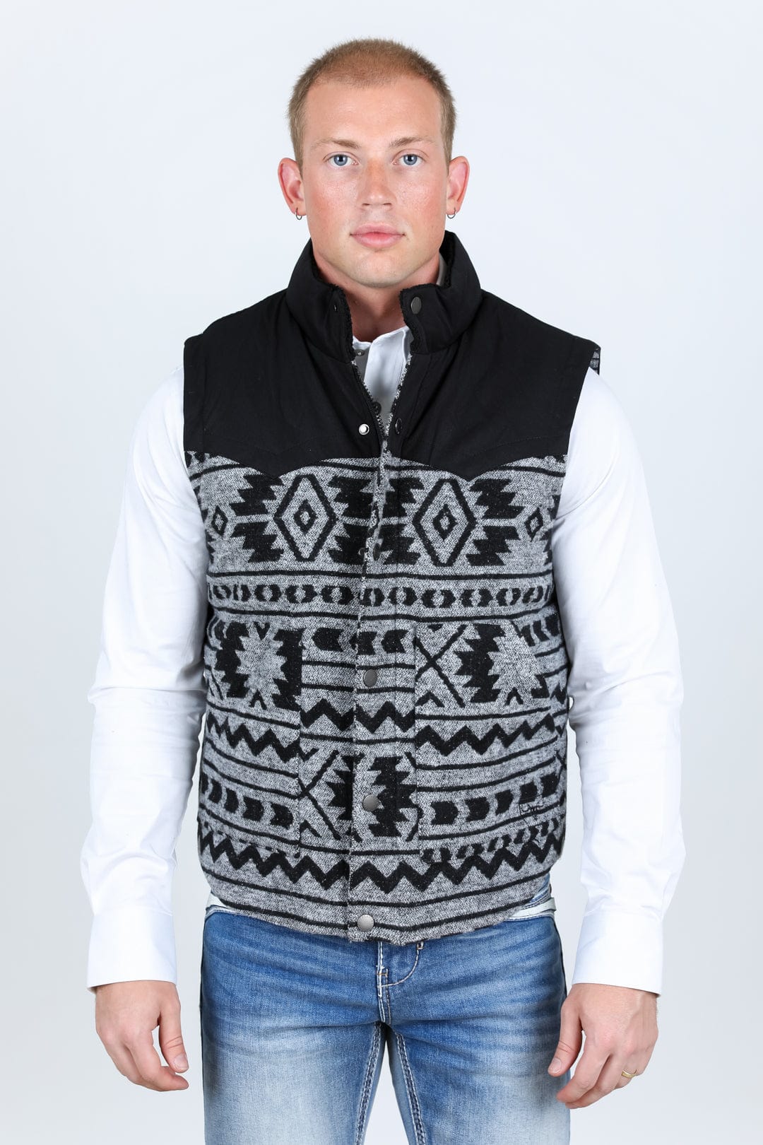 Platini Fashion Outerwear Mens Ethnic Aztec Quilted Fur Lined Vest - Black/White