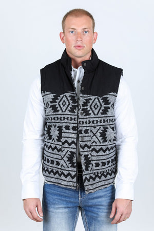 Platini Fashion Outerwear Mens Ethnic Aztec Quilted Fur Lined Vest - Black/White