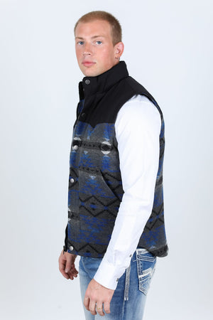 Platini Fashion Outerwear Mens Ethnic Aztec Quilted Fur Lined Vest - Gray/Royal
