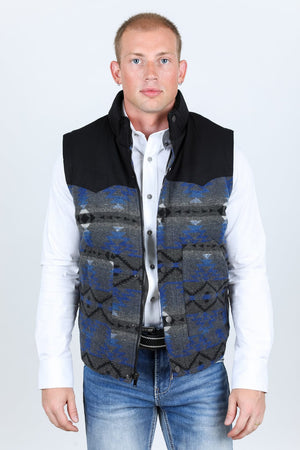 Platini Fashion Outerwear Mens Ethnic Aztec Quilted Fur Lined Vest - Gray/Royal