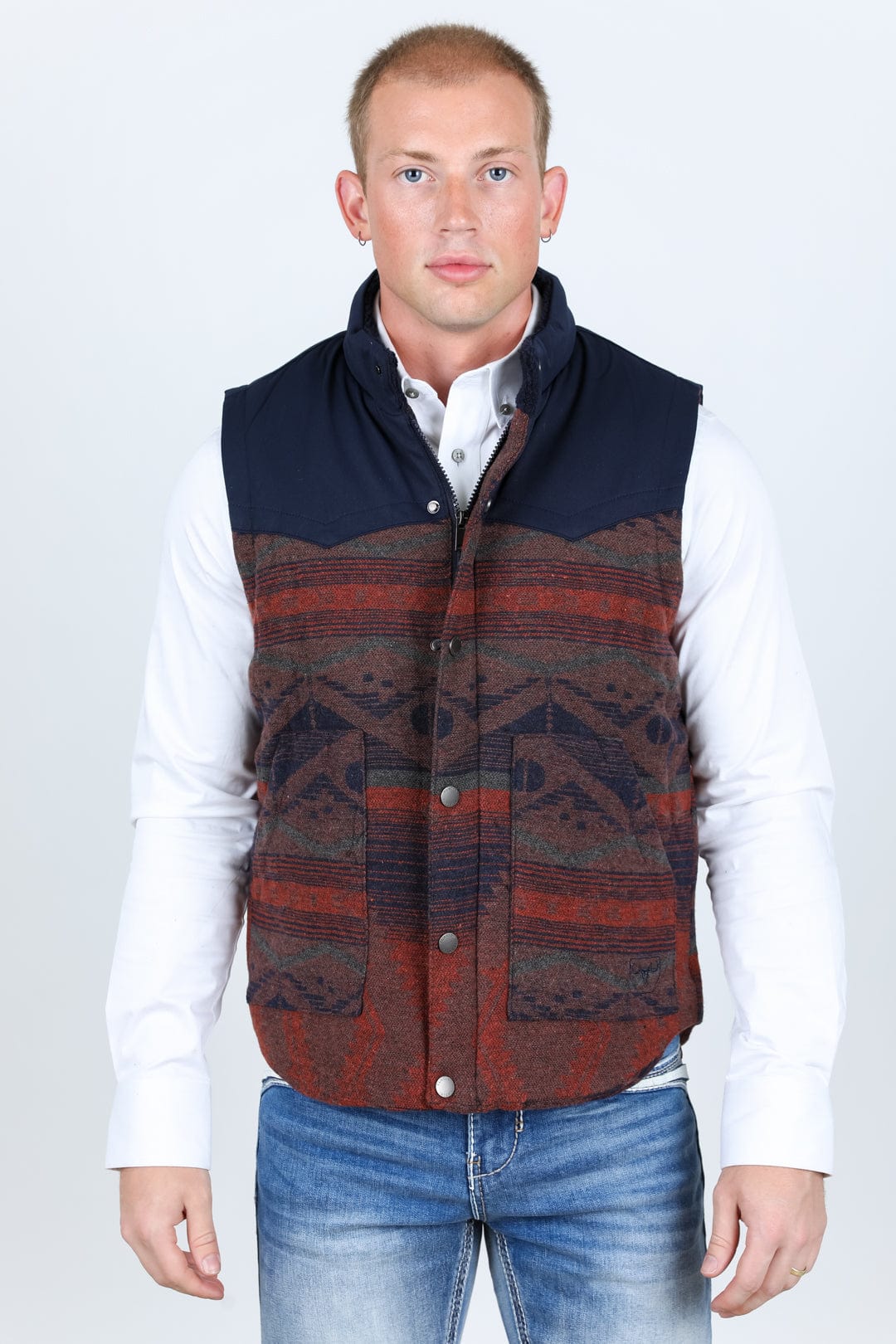 Platini Fashion Outerwear Mens Ethnic Aztec Quilted Fur Lined Vest - Navy/Burgundy