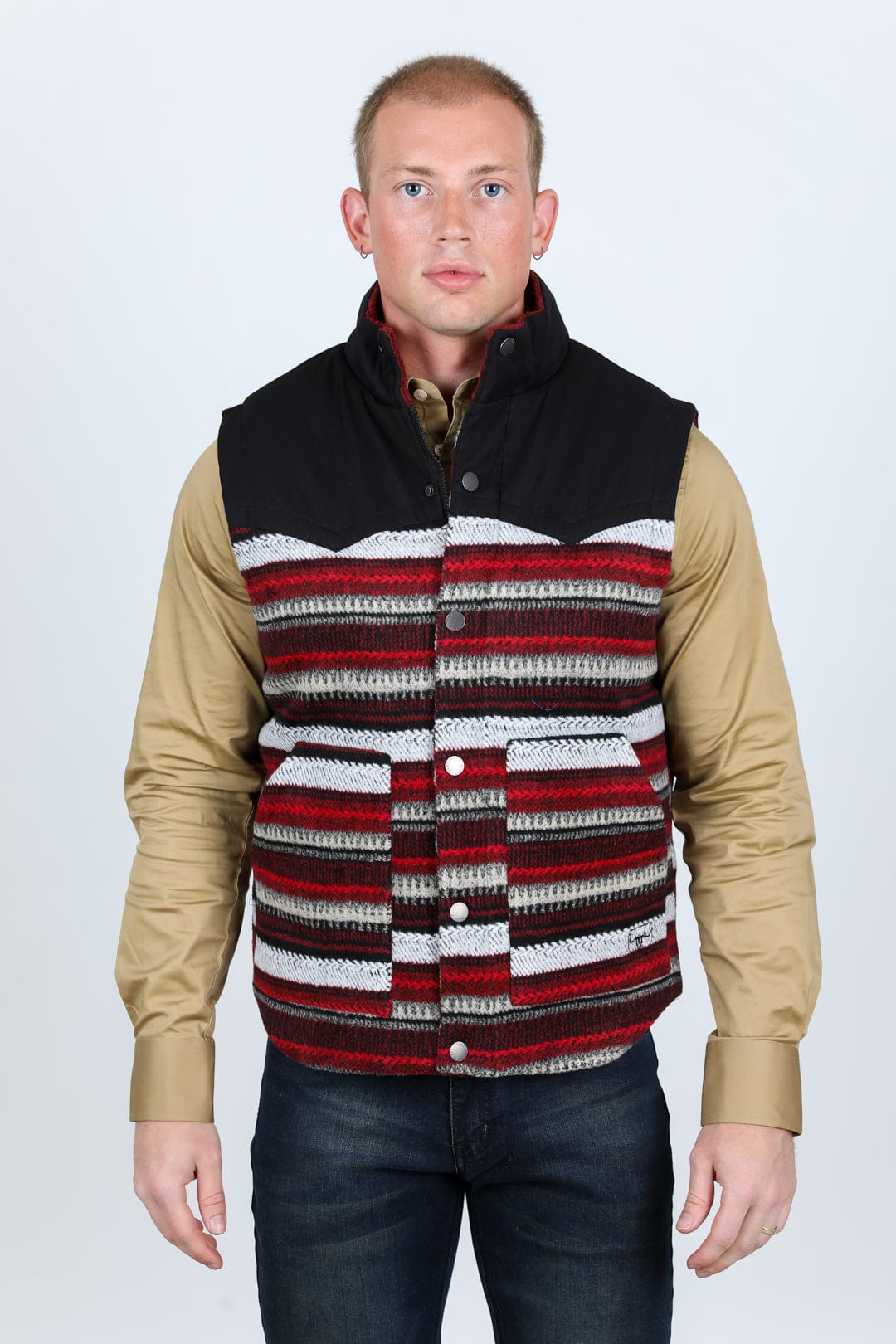 Platini Fashion Outerwear Mens Ethnic Aztec Quilted Fur Lined Vest - Red