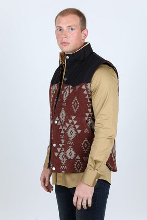 Platini Fashion Outerwear Mens Ethnic Aztec Quilted Fur Lined Vest - Rust