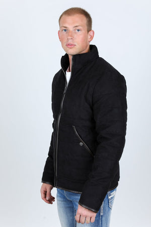 Platini Fashion Outerwear Mens Fur Lined Quilted Faux Suede Jacket - Black