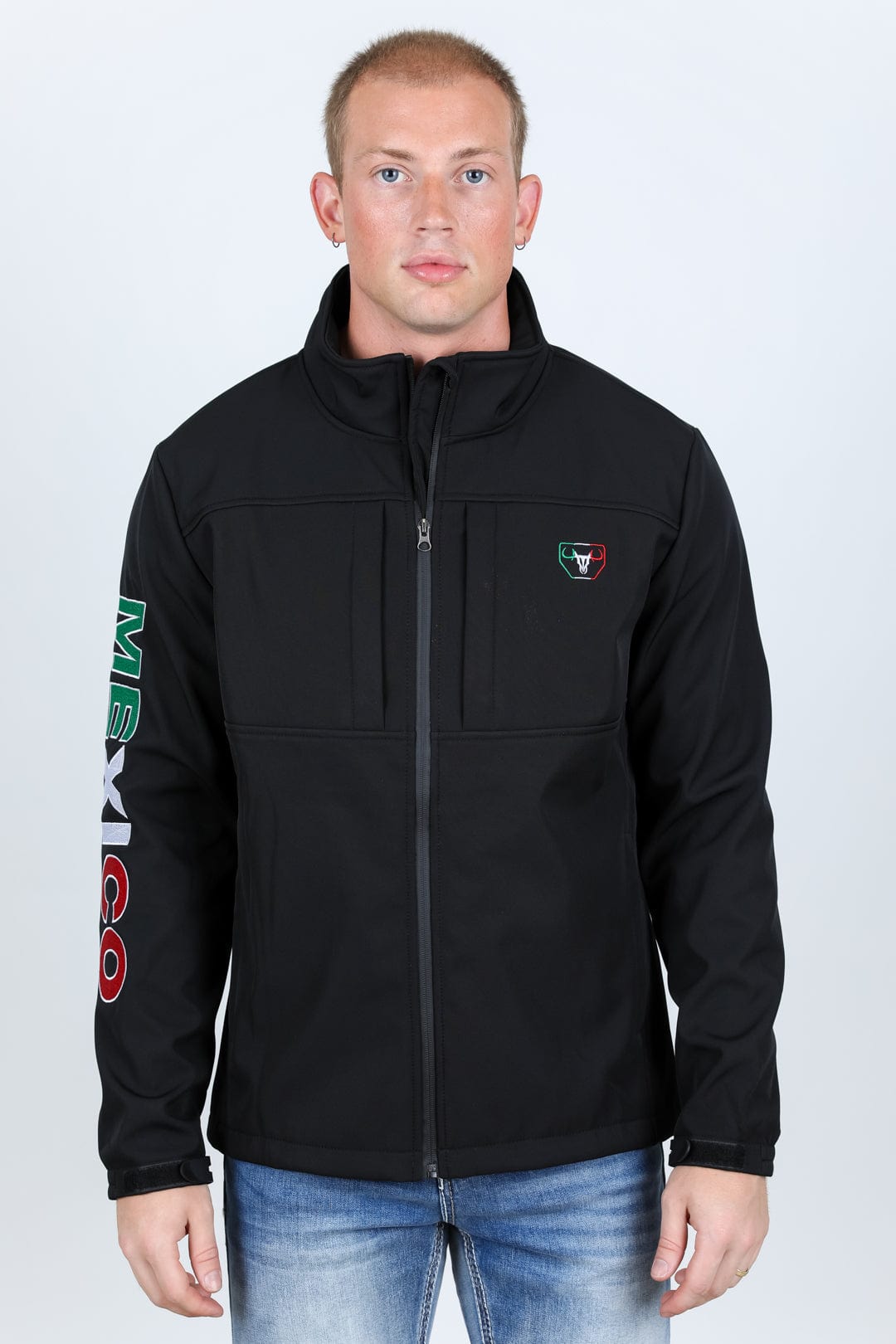 Platini Fashion Outerwear Mens Softshell Water-Resistant Jacket with Mexico Embroidery - Black