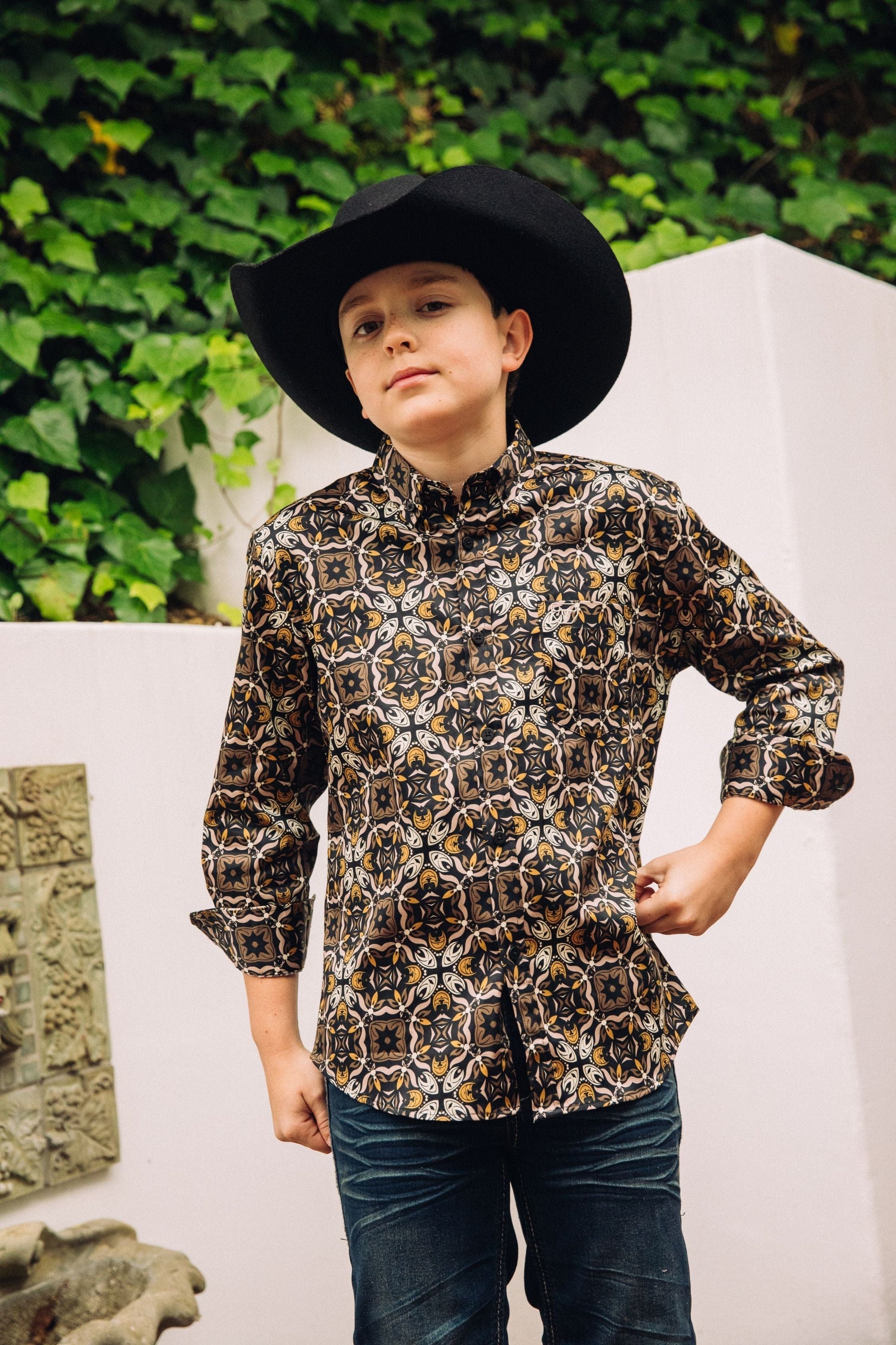 Platini Fashion Shirts Kid's Cotton Black Monogram Digital Print Dress Shirt