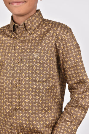 Platini Fashion Shirts Kid's Cotton Brown Monogram Digital Print Dress Shirt