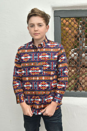 Platini Fashion Shirts Kid's Cotton Navy Aztec Digital Print Dress Shirt