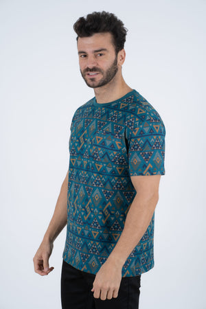 Platini Fashion Shirts Men's Cotton Teal Aztec Print T-shirt