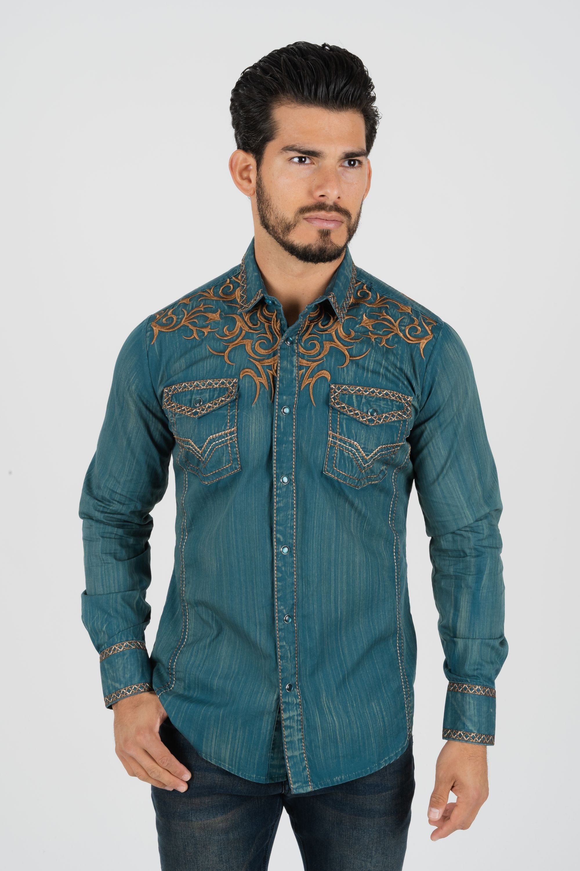 Platini Fashion Shirts Men's Cotton Teal Embroidery Western Shirt