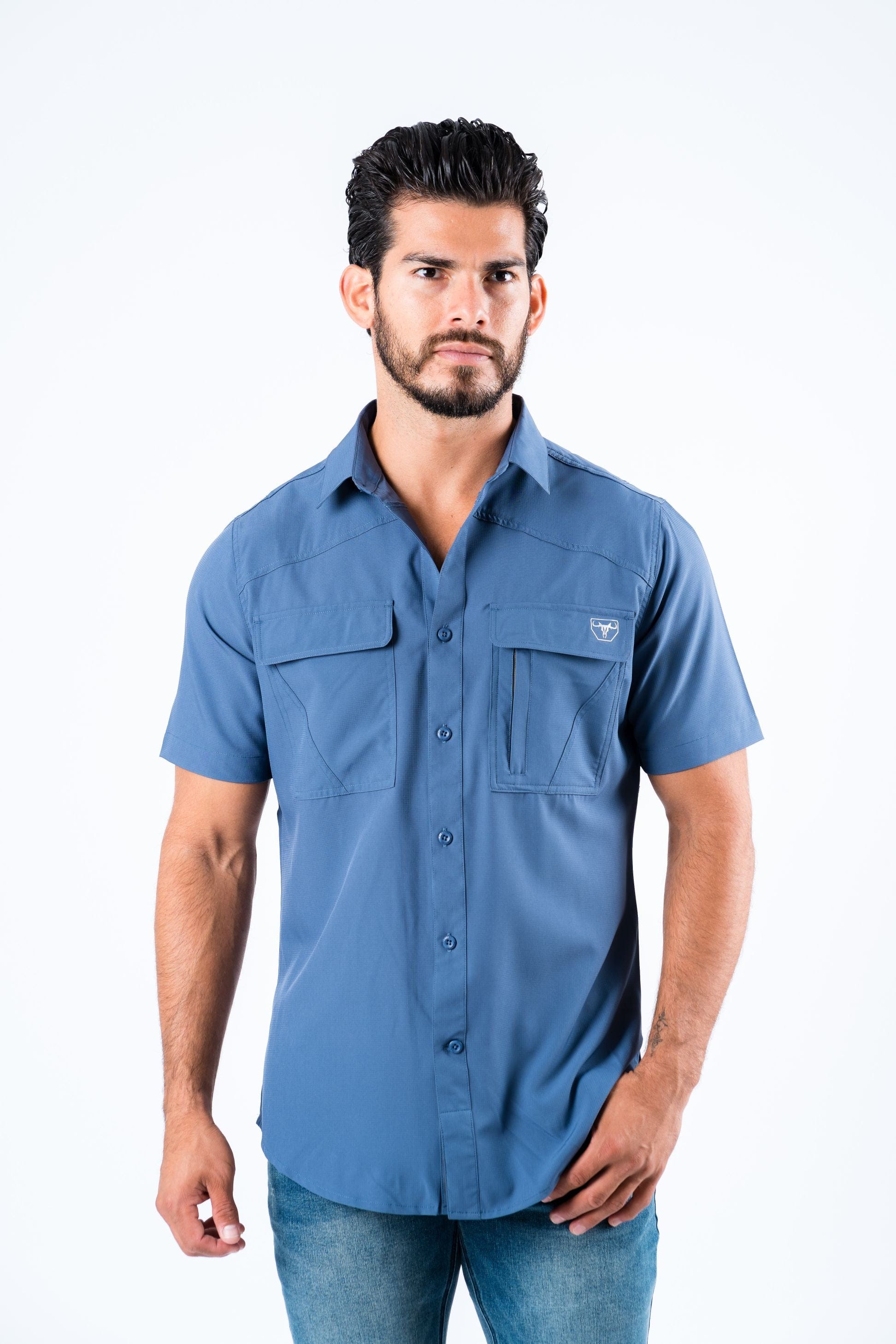 Platini Fashion Shirts Men's Fishing Blue Short Sleeve Shirt