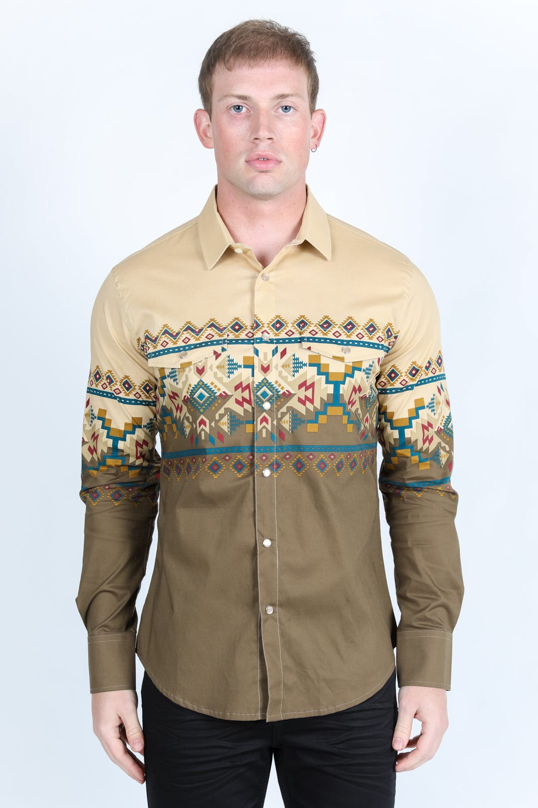 Platini Fashion Shirts Men's Modern Fit Panoramic Aztec Print Long Sleeve Shirt - Brown