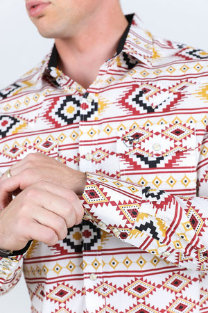 Platini Fashion Shirts Men's Modern Fit Panoramic Aztec Print Long Sleeve Shirt - White