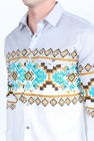 Platini Fashion Shirts Men's Modern Fit Panoramic Aztec Print Long Sleeve Shirt - White