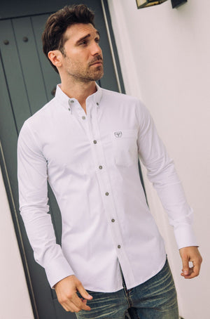 Platini Fashion Shirts Men’s Single Pocket Logo Modern Fit Stretch Dress Shirt - White