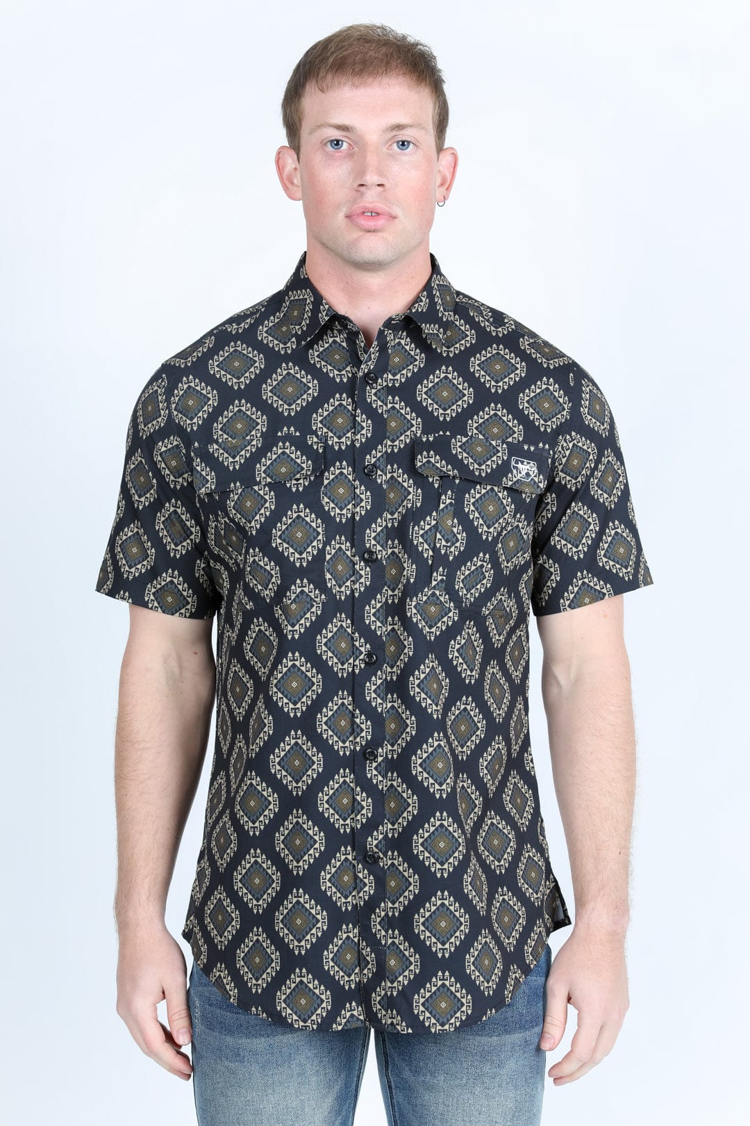 Platini Fashion Shirts Mens Classic Fit Performance Short Sleeve Aztec Print Shirt - Black
