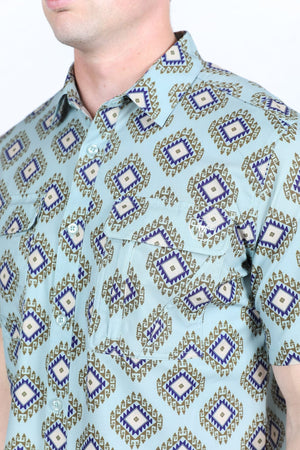 Platini Fashion Shirts Mens Classic Fit Performance Short Sleeve Aztec Print Shirt - Sage