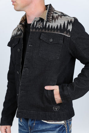 Platini Fashion Shirts Mens Ethnic Aztec Denim Jacket - Dark Indigo