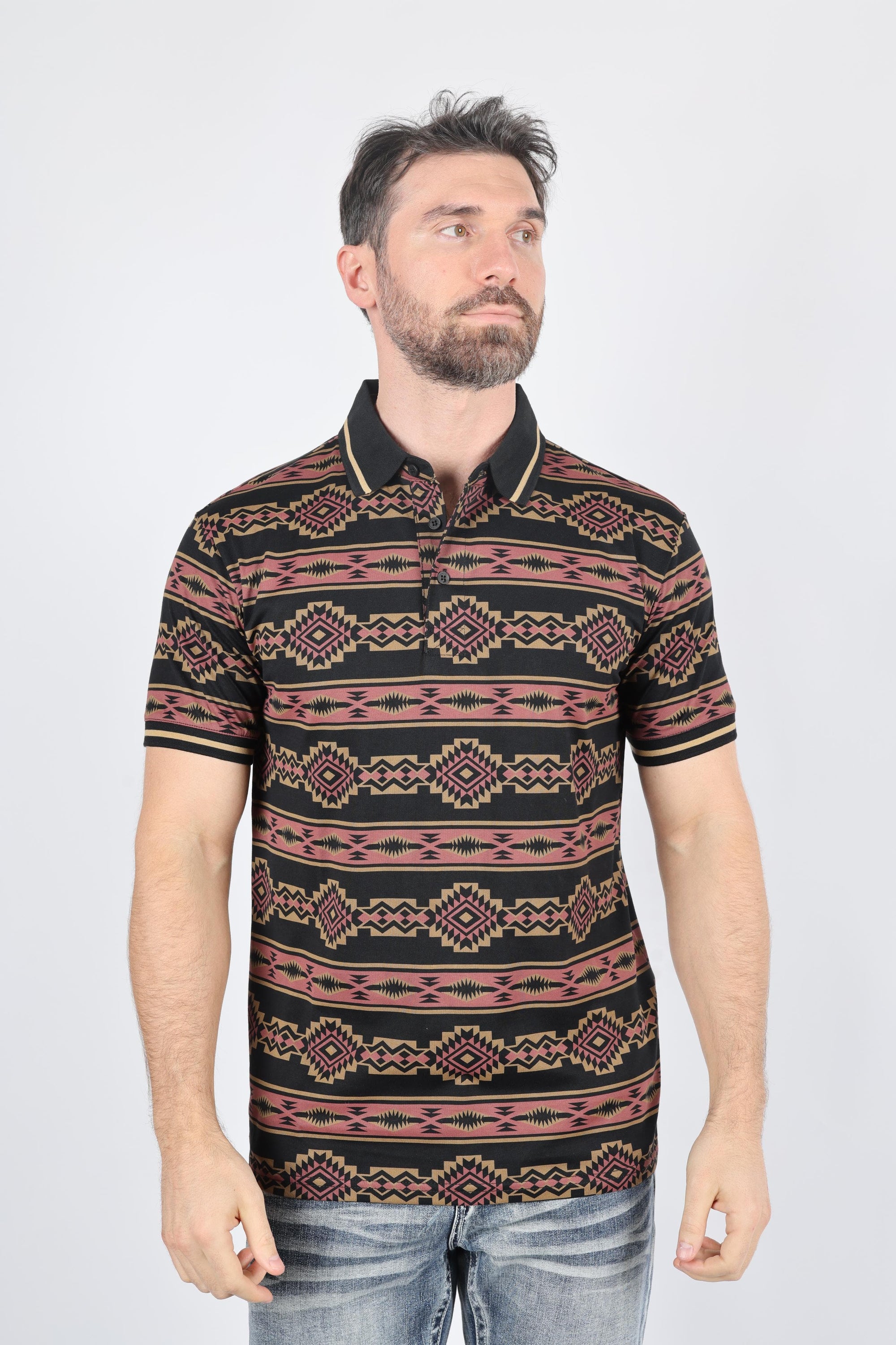 Platini Fashion Shirts Mens Modern Fit Stretch Cotton Polo with Aztec Print