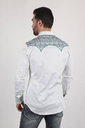 Platini Fashion Shirts Mens Modern Fit Stretch Multi-Color Aztec Embroidery Shirt