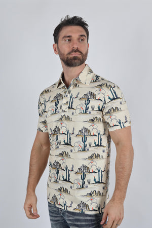 Platini Fashion Shirts Mens Performance Fabric Modern Fit Stretch Cactus Print Polo