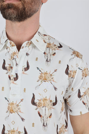 Platini Fashion Shirts Mens Performance Fabric Modern Fit Stretch Cow Skull Print Polo