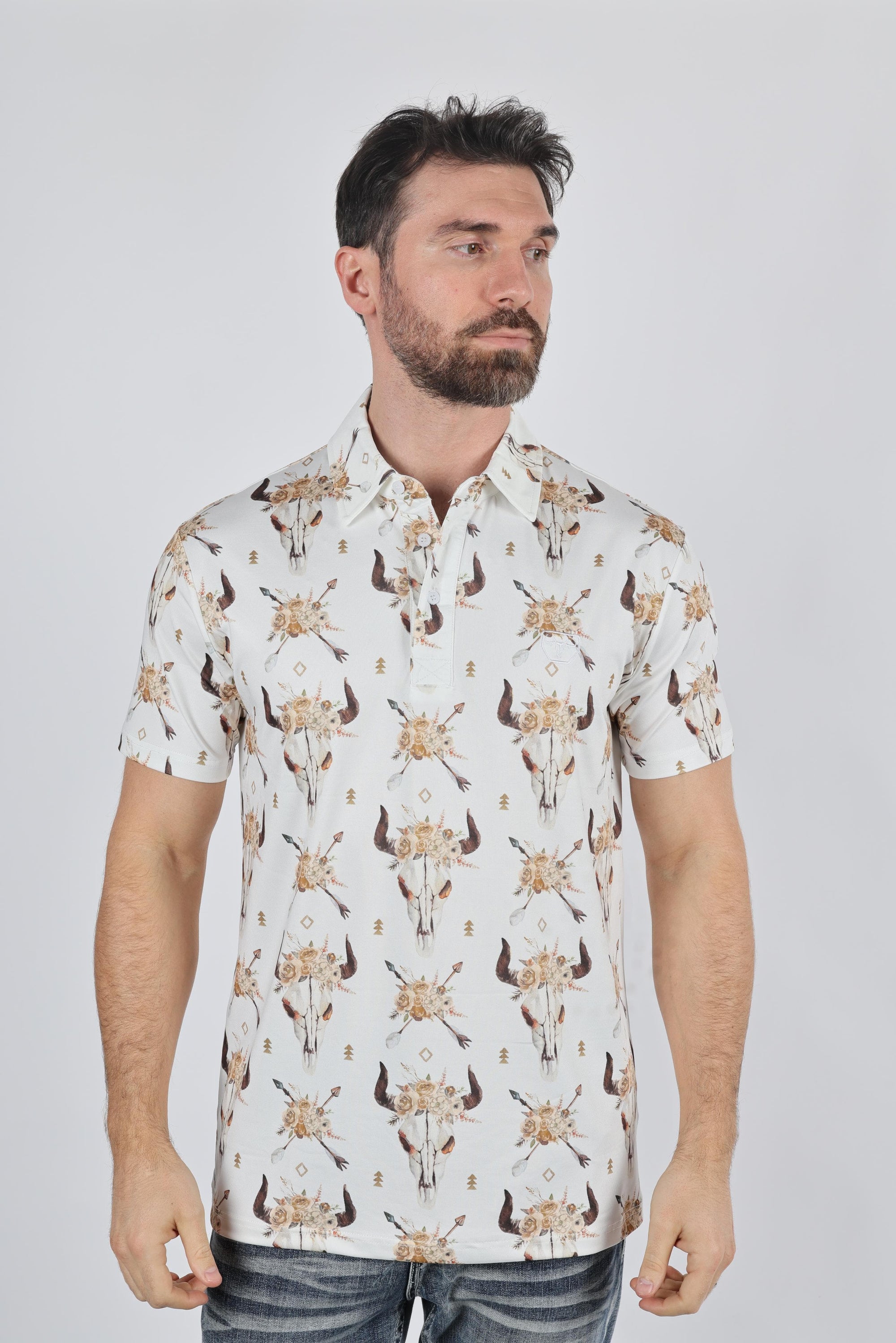 Platini Fashion Shirts Mens Performance Fabric Modern Fit Stretch Cow Skull Print Polo