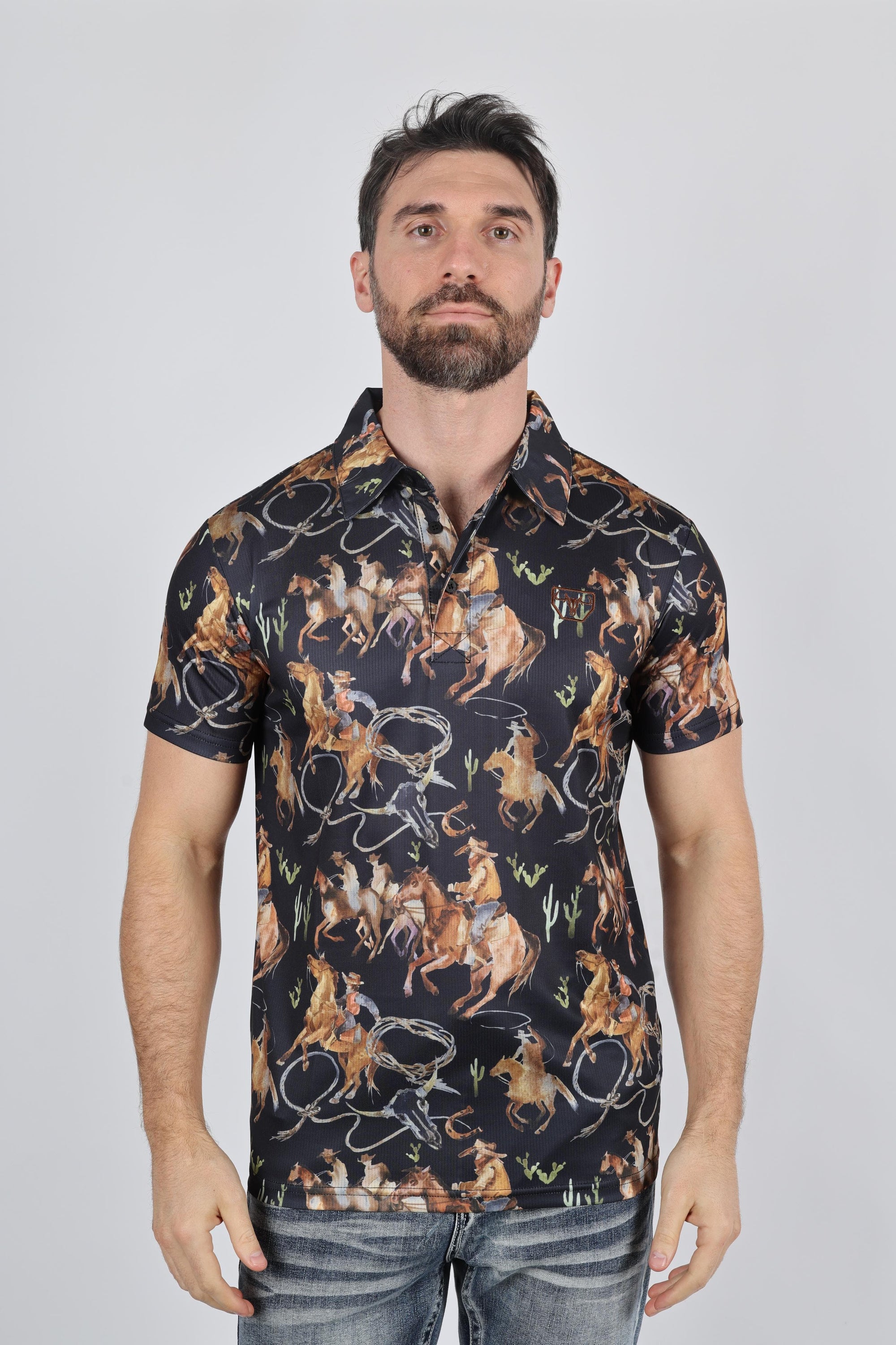Platini Fashion Shirts Mens Performance Fabric Modern Fit Stretch Rodeo Print Polos